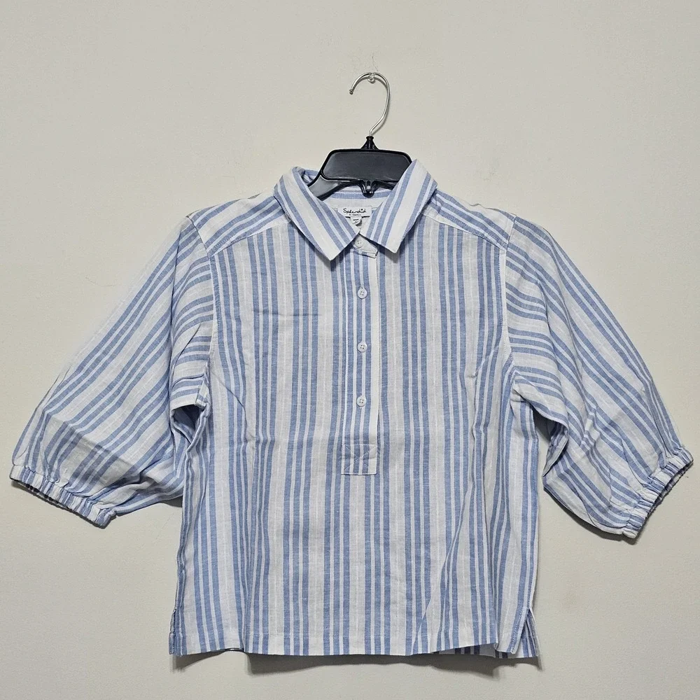 Splendid Women's Top X-Small White Blue Striped 3/4 Sleeves Collar New With Tag‎
